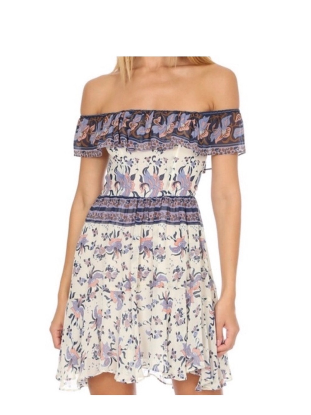 LoveShackFancy Izzy Off Shoulder Silk Floral Mini Dress Medium M